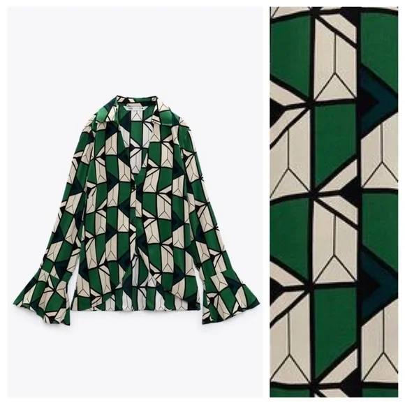 Zara Green Black Cream Geometric Printed Collared V-neckline Blouse Size Large - Picture 2 of 16